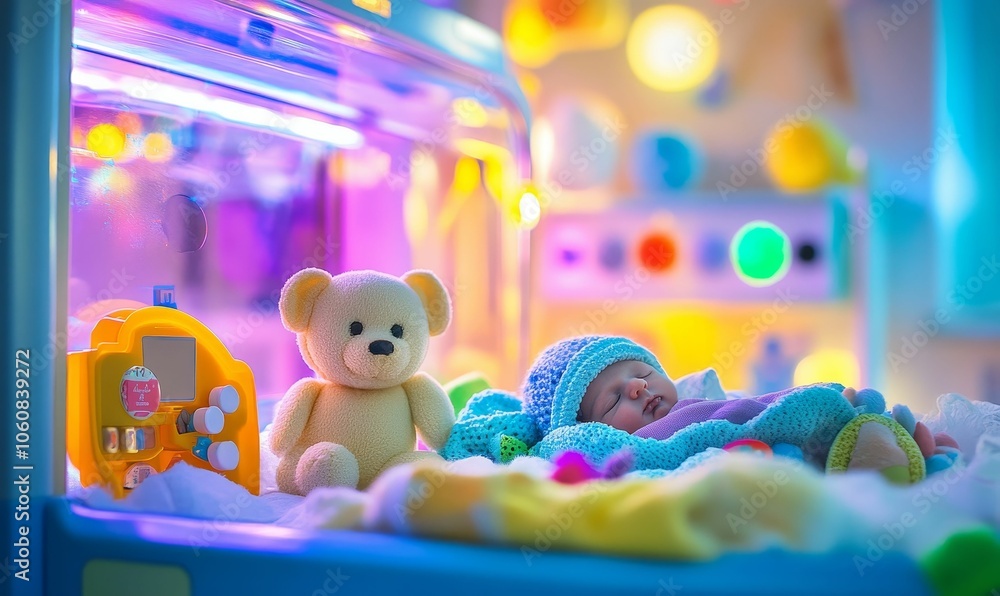 Obraz premium Sleeping baby with a teddy bear and colorful toys.