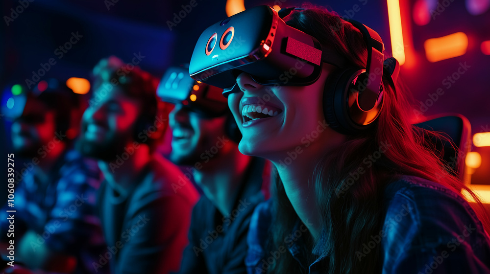 Diverse gamers engaged in an immersive digital conference setting with vibrant lights and advanced technology Diverse gamers engaged in an immersive digital conference setting with vibrant lights and advanced technology
