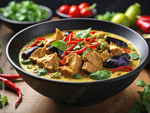 Gaeng Keow Wan in Black Bowl on Wooden Surface photo