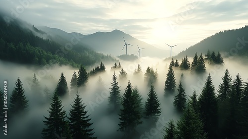 Wind turbines rising through misty forest hills, netzero carbon countryside, renewable power photo