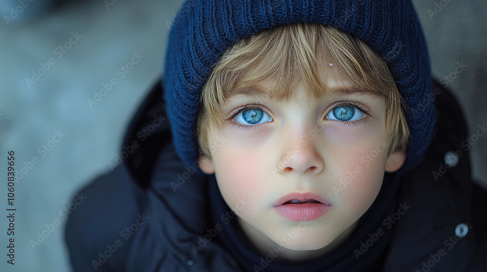 A young child with bright blue eyes looks up inquisitively, dressed warmly in a knitted hat against a cold backdrop A young child with bright blue eyes looks up inquisitively, dressed warmly in a knitted hat against a cold backdrop