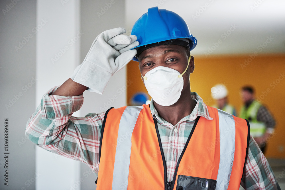 Portrait, man and mask in construction site as engineer, supervisor or project manager on property. Male person, hardhat and safety vest for infrastructure, industry and development in architecture Portrait, man and mask in construction site as engineer, supervisor or project manager on property. Male person, hardhat and safety vest for infrastructure, industry and development in architecture