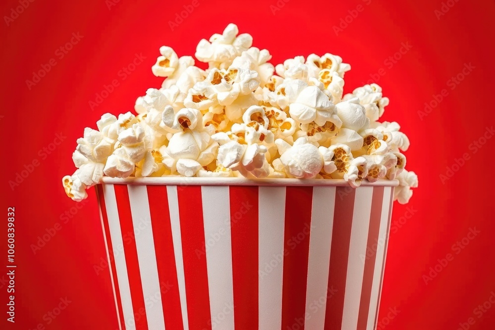 A bucket of popcorn with a red background, suitable for food or movie-related themes A bucket of popcorn with a red background, suitable for food or movie-related themes