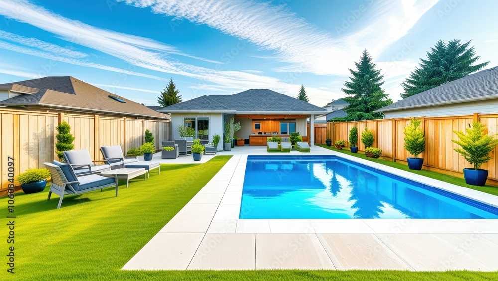Fototapeta premium Luxurious backyard, rectangular swimming pool, modern patio furniture, manicured lawn, wooden fence, palm trees, blue sky with wispy clouds, suburban house, outdoor living space, landscape design, poo