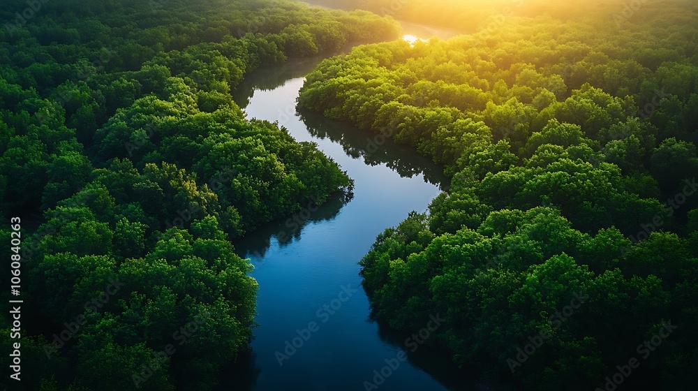 Bird’s-eye view of a winding river through dense woodland, rich green trees framing the water’s edge, sunlight casting soft highlights, reflections creating a mirrored surface, Bird’s-eye view of a winding river through dense woodland, rich green trees framing the water’s edge, sunlight casting soft highlights, reflections creating a mirrored surface,