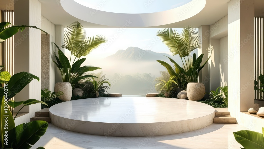 Luxurious circular bathtub, panoramic windows, mountain view, modern interior design, tropical plants, sunlit room, minimalist aesthetic, white marble, floor-to-ceiling glass, spa-like atmosphere, ser Luxurious circular bathtub, panoramic windows, mountain view, modern interior design, tropical plants, sunlit room, minimalist aesthetic, white marble, floor-to-ceiling glass, spa-like atmosphere, ser