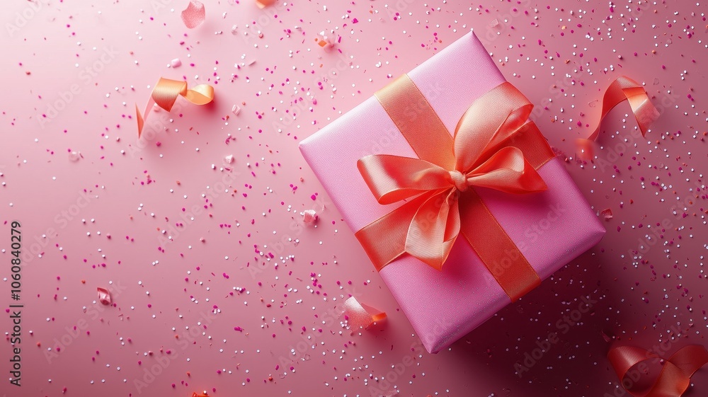 Fototapeta premium Pink gift box with a red bow on top on pink background with confetti. Christmas winter panorama banner. Concept of celebration and joy