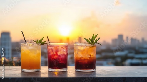 Rooftop bar at sunset with city skyline view, colorful cocktails, Urban nightlife setting