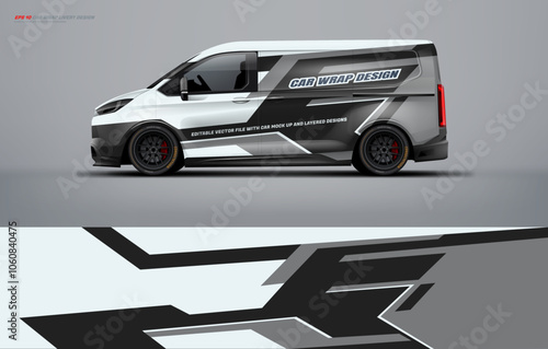 Sporty van wrap livery design for universal medium, Abstract racing graphics with black gray and white colors. van vector eps10 ready print printable file