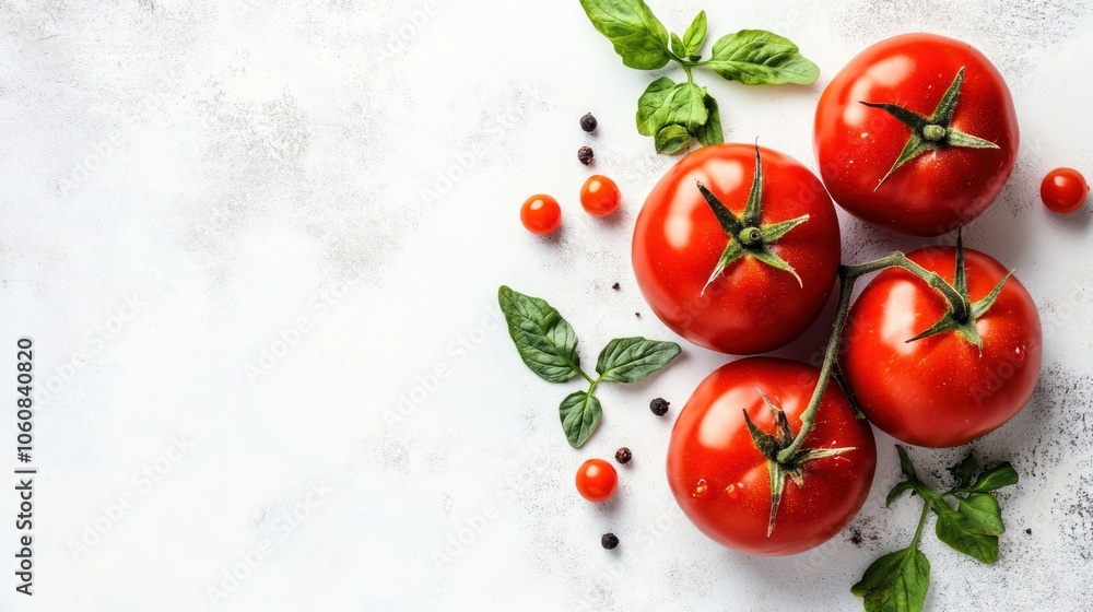 Red Ripe Tomatoes with Basil and Peppercorns on White Background Red Ripe Tomatoes with Basil and Peppercorns on White Background