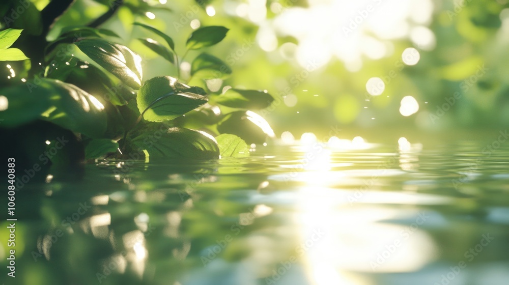 A serene scene with sunlight shining through tree leaves reflected in calm water A serene scene with sunlight shining through tree leaves reflected in calm water
