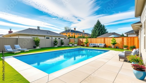 Luxurious backyard  rectangular swimming pool  modern patio furniture  manicured lawn  wooden fence  palm trees  blue sky with wispy clouds  suburban house  outdoor living space  landscape design  poo