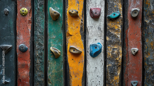 The vertical climbing wall displays an array of colorful holds, inviting climbers to practice their skills in a vibrant setting during the afternoon