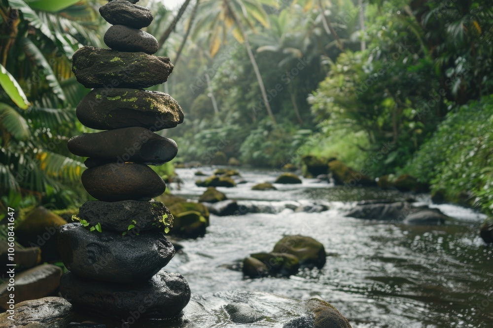 A natural rock formation sits atop the riverbank, surrounded by lush greenery A natural rock formation sits atop the riverbank, surrounded by lush greenery