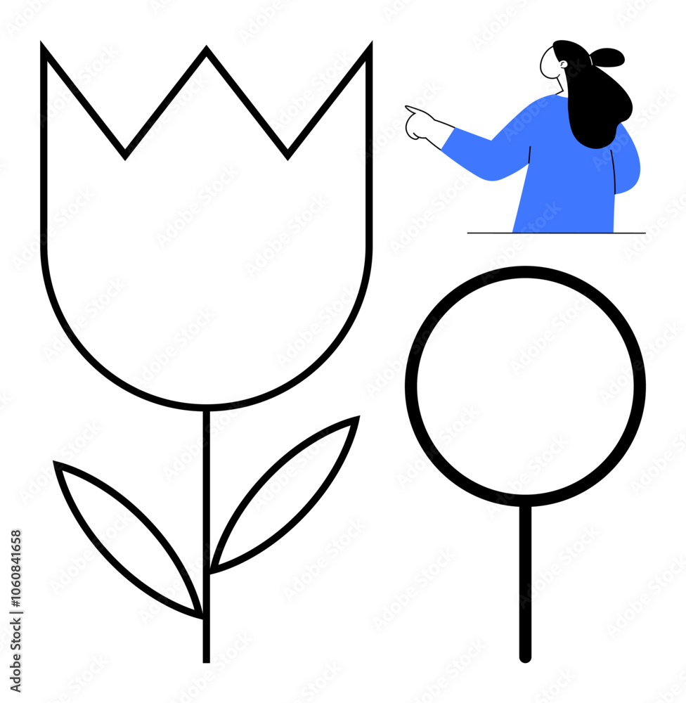 Woman in blue pointing at geometric flower in black outline. Ideal for modern decor, floral themes, botanical design, educational purposes, minimalist artwork. Simple and clean style Woman in blue pointing at geometric flower in black outline. Ideal for modern decor, floral themes, botanical design, educational purposes, minimalist artwork. Simple and clean style