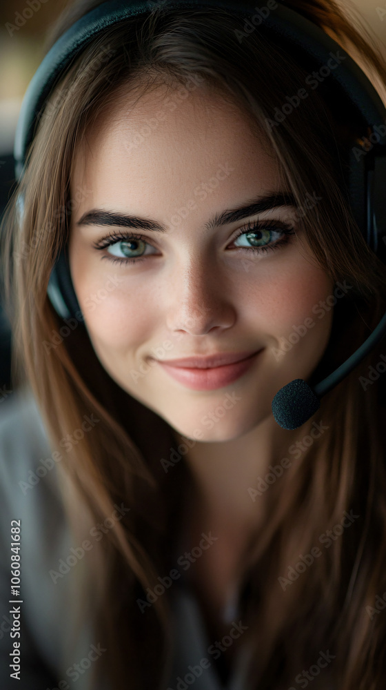 Customer service representative wearing a headset happily assists a customer Customer service representative wearing a headset happily assists a customer