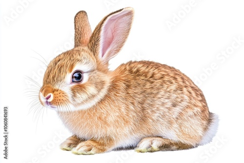 A brown and white rabbit sitting on a white surface