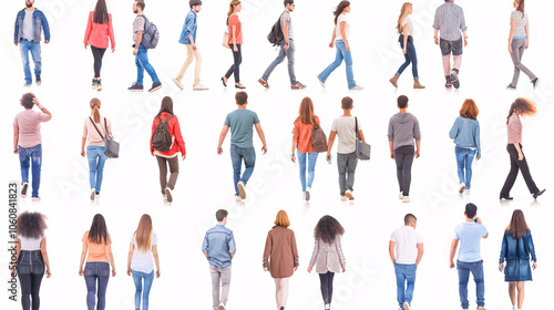 Collection Back view of walking young couple . Rear view people collection. backside view of person. Isolated over white background. young couples in official and street clothes 