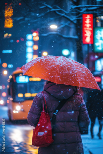 A figure clad in a warm coat holds an orange umbrella as snow falls in a vibrant city, illuminated by colorful lights during winter nights photo