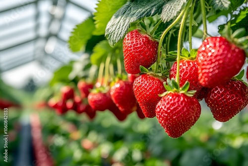 Fresh Strawberries in a Sunny Greenhouse. AI generated illustration