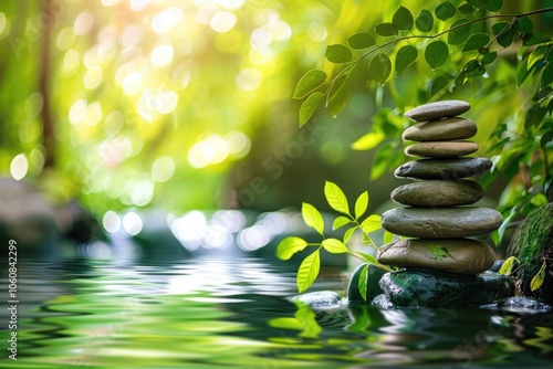 A stack of rocks perched on the edge of a calm lake, surrounded by nature photo