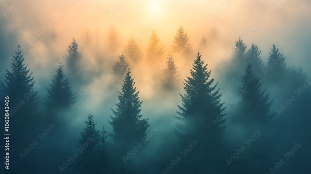 Obraz premium Bird’s-eye view of mist-covered forest at dawn, treetops emerging through layers of fog, soft sunlight illuminating the mist with warm tones, mysterious and tranquil atmosphere,