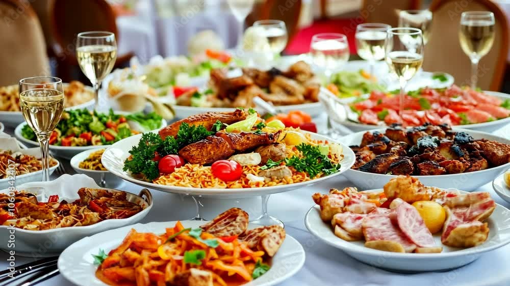 A table is set with various dishes for a meal, including roasted chicken, rice, and vegetables A table is set with various dishes for a meal, including roasted chicken, rice, and vegetables