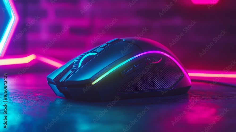 Gaming Mouse with Neon Lights in the Background. AI generated illustration Gaming Mouse with Neon Lights in the Background. AI generated illustration