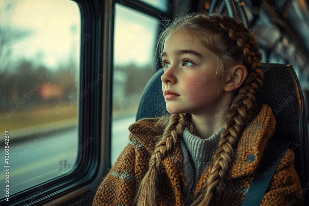 A young girl sits in a bus, gazing out the window with curiosity A young girl sits in a bus, gazing out the window with curiosity
