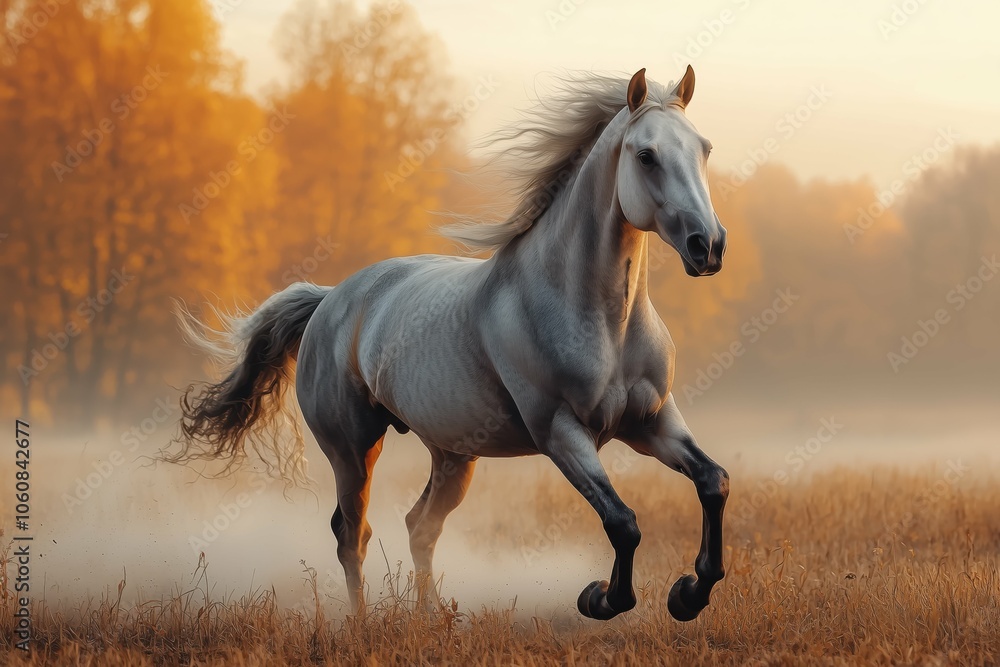 Dynamic shot of a horse running in a field during sunset Dynamic shot of a horse running in a field during sunset