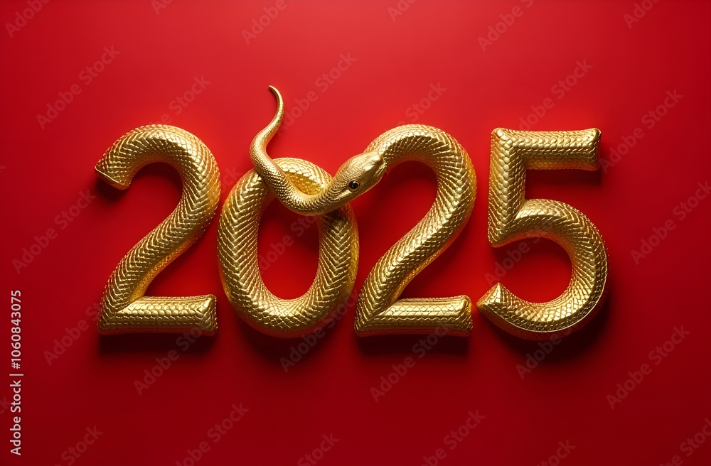 Obraz premium Gold numbers 2025 in the form of a snake on a red background