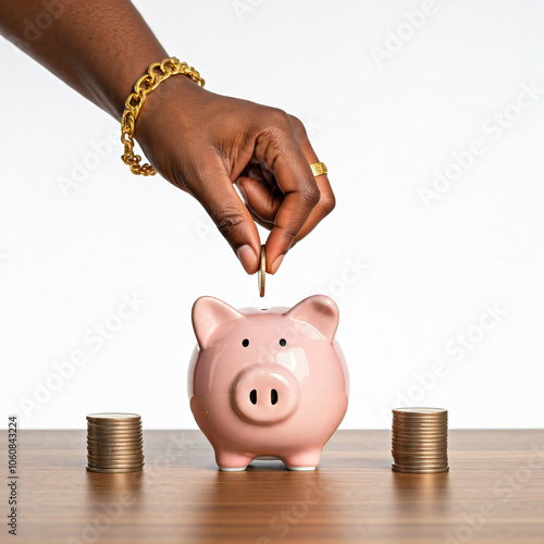 hand putting coin in piggy bank with stacks of coins on wooden table. safe investment or banking
