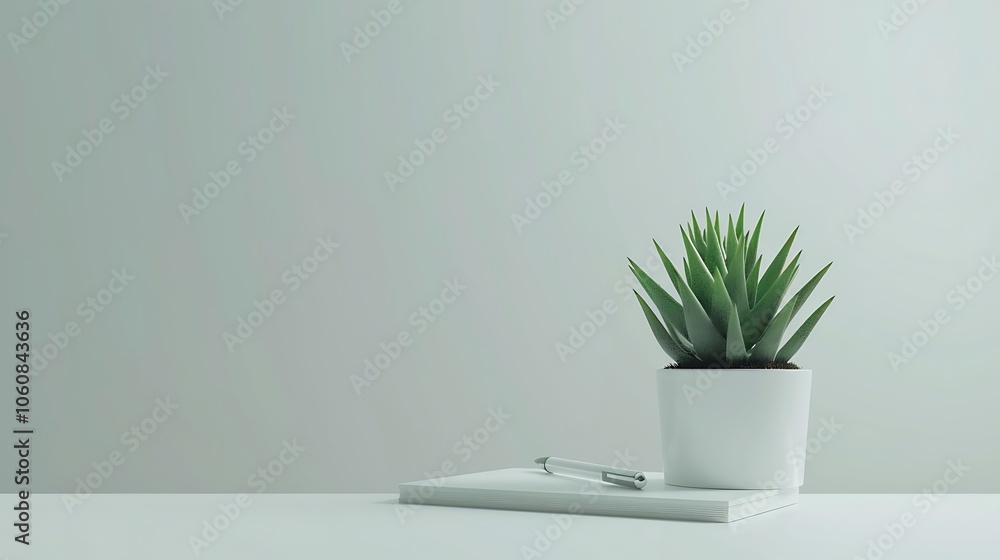 A minimalist setup with a small succulent plant in a white ceramic pot beside a closed notebook with a pen on a pure white background, resembling a high-definition photograph. A minimalist setup with a small succulent plant in a white ceramic pot beside a closed notebook with a pen on a pure white background, resembling a high-definition photograph.