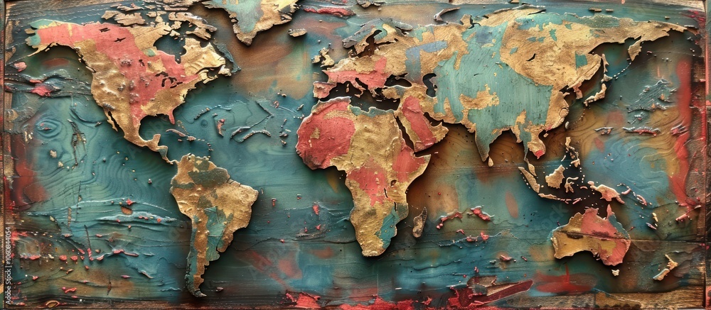 Textured 3D World Map Art. Abstract Painting, Earth Tones Textured 3D World Map Art. Abstract Painting, Earth Tones