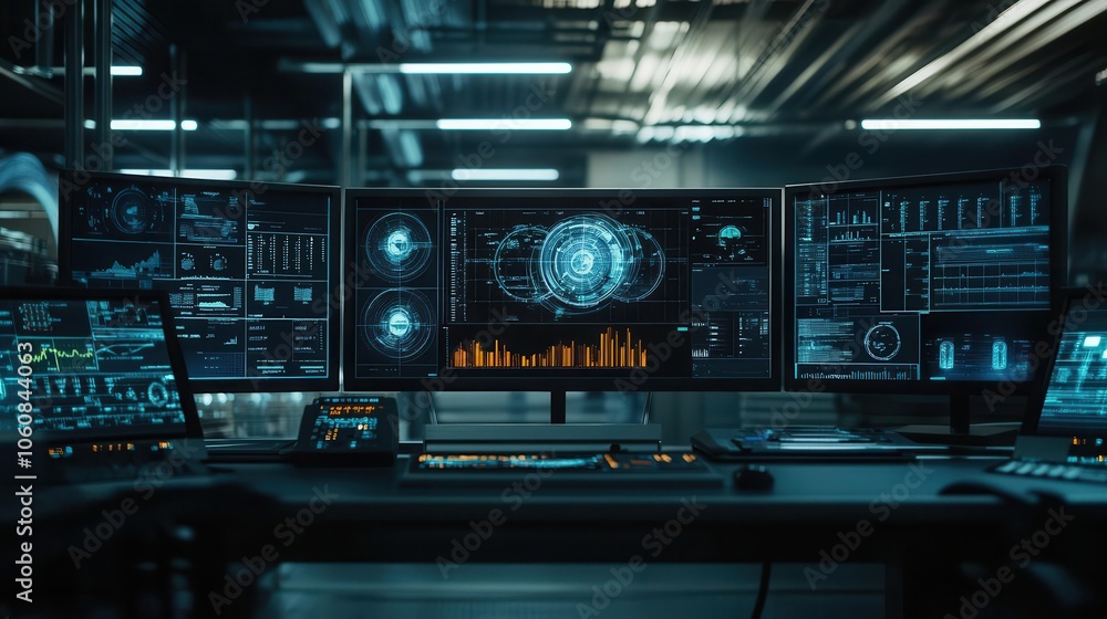 Control room with monitors displaying fuel data, modern technology, efficient operations