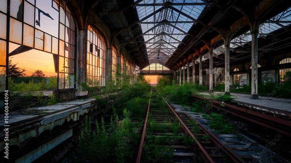 Sunset view of abandoned train station with broken windows and vegetation Sunset view of abandoned train station with broken windows and vegetation