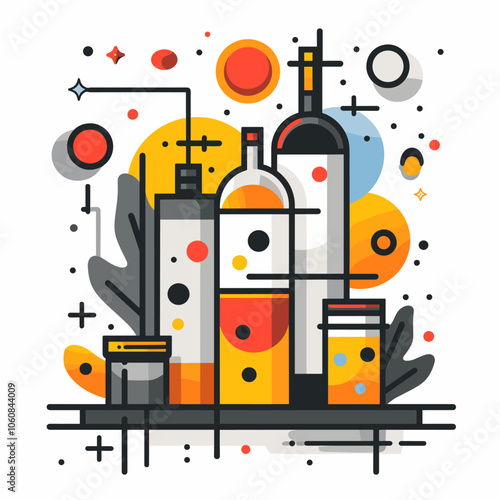 Colorful illustration of a table with various drinks and glasses, including wine bottles and cups. The image conveys a lively and social atmosphere, with the drinks. The use of bright colors