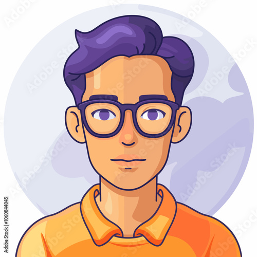 Man with glasses and an orange shirt. He is looking at the camera. The image has a calm and friendly mood