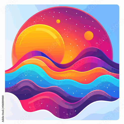 Colorful painting of a sunset with a blue ocean and a purple sky. The painting has a dreamy, surreal feel to it