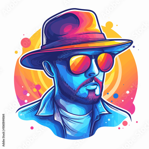 Man wearing a hat and sunglasses is the main subject of the image. The hat is a fedora and the sunglasses are black. The man is wearing a blue shirt and a white shirt underneath