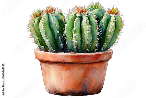 Watercolor illustration of a cactus in a terracotta pot photo