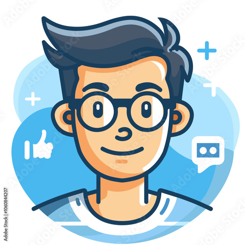 Man with glasses is the main focus of the image. The man is wearing a shirt and glasses, and he has a serious expression on his face. The image is a cartoonish representation of a man