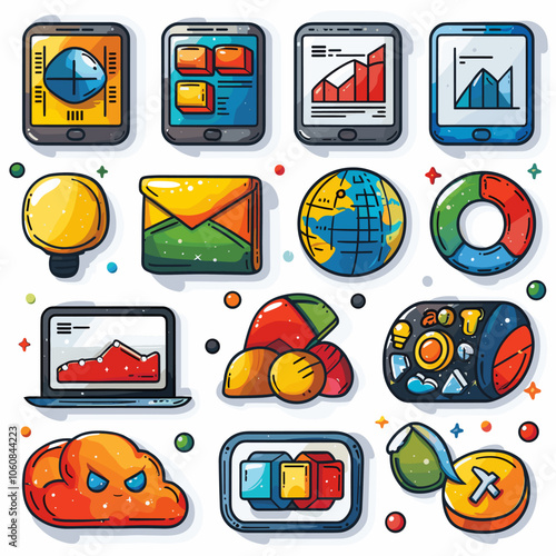 Set of icons for various devices and apps, including a laptop, tablet, and smartphone. The icons are colorful and stylized, with some featuring cartoonish faces