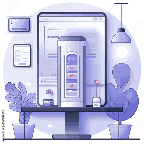 Computer monitor displays a picture of a plant with a small white object in the middle. The object is described as a "smart device" and is surrounded by a blue background