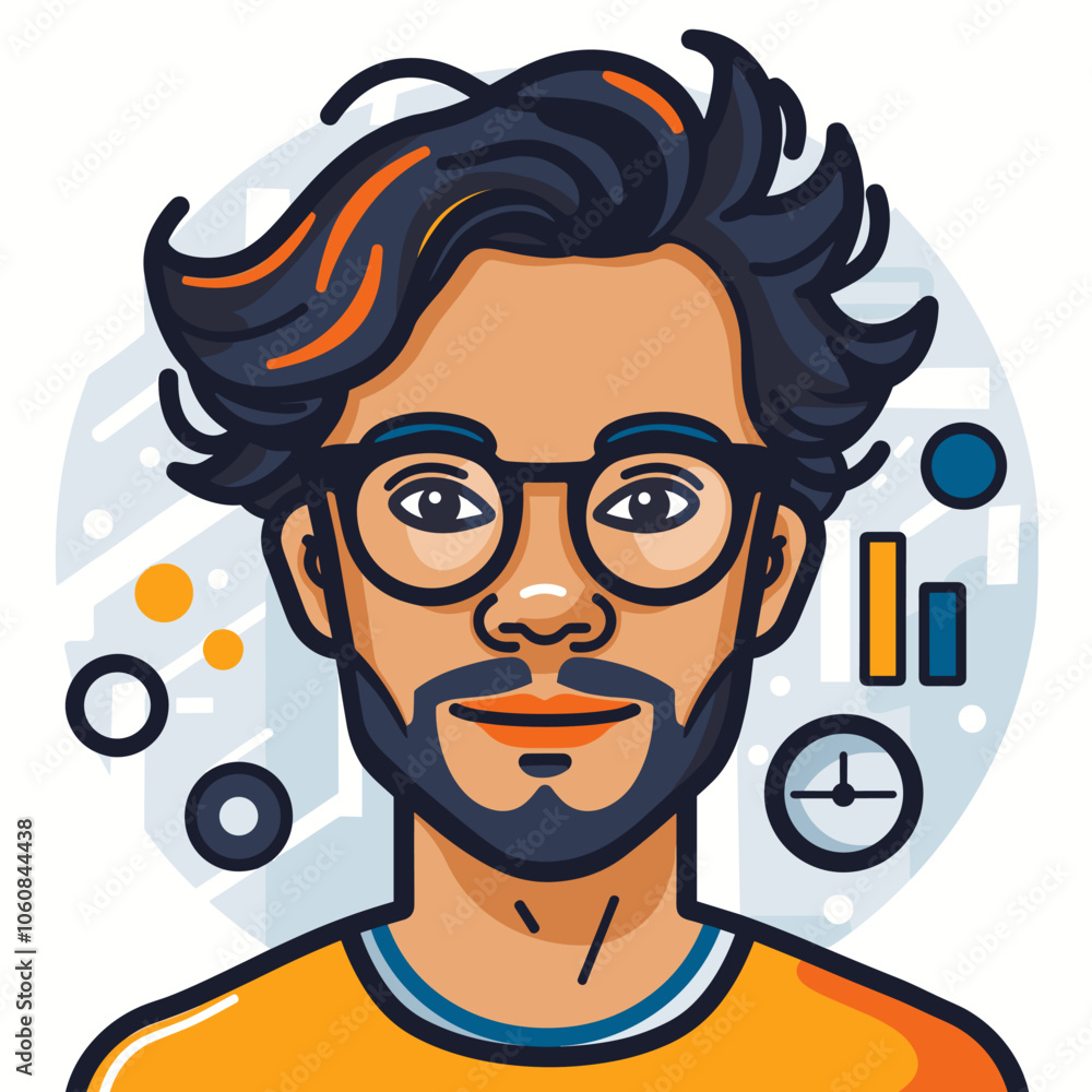 Man with glasses is the main focus of the image. The man is wearing a shirt and glasses, and he has a serious expression on his face. The image is a cartoonish representation of a man Man with glasses is the main focus of the image. The man is wearing a shirt and glasses, and he has a serious expression on his face. The image is a cartoonish representation of a man