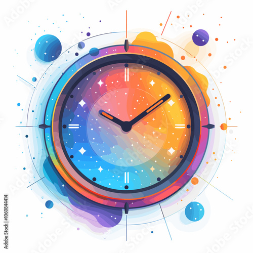 Colorful clock with the hands at the numbers 3 and 9. The clock is surrounded by a circle of stars and other colorful shapes. Scene is playful and whimsical