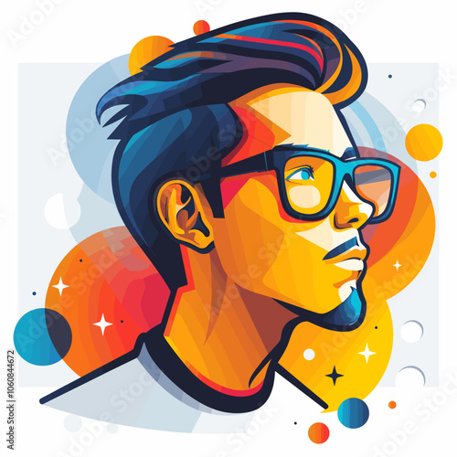 Man with glasses is the main focus of the image, he has a serious expression on his face. The image is a cartoonish representation of a man
