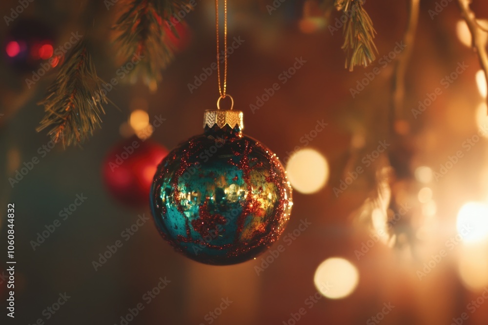 A Christmas ornament hanging from a Christmas tree A Christmas ornament hanging from a Christmas tree