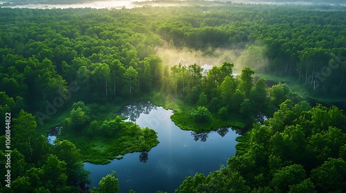 High-angle view of forest with wetland pockets, water pools reflecting light amidst dense green trees, vibrant foliage and textured soil visible, sunlight streaming softly, fog over certain areas,