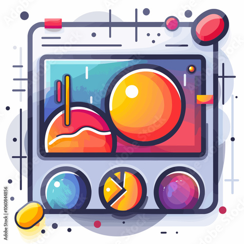 Colorful image of a planet with a spaceship on it. The spaceship is surrounded by a circle and a triangle. The image is abstract and has a playful, whimsical feel to it